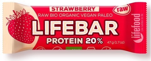 BATON PROTEINOWY Z TRUSKAWKAMI RAW BEZ DODATKU CUKRÓW BEZGLUTENOWY BIO 47 g - LIFEFOOD