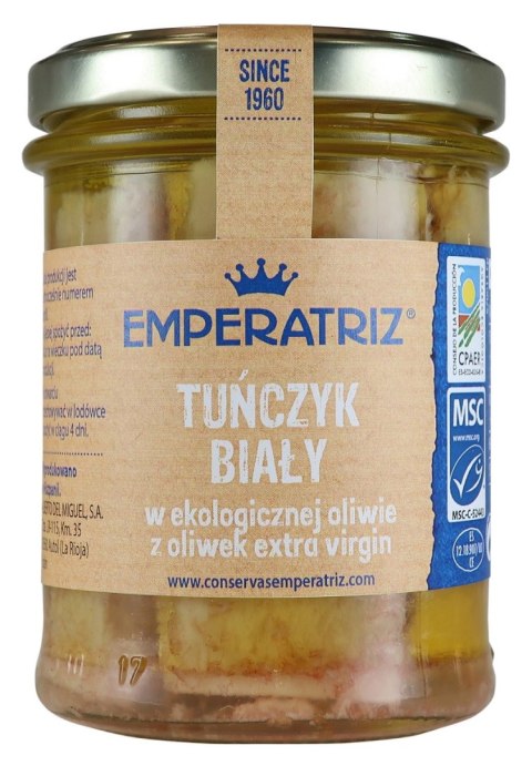 TUŃCZYK BIAŁY FILETY MSC W BIO OLIWIE Z OLIWEK EXTRA VIRGIN 200 g (130 g) (SŁOIK) - EMPERATRIZ