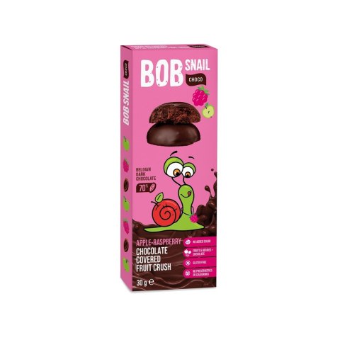 PRZEKĄSKA CHOCO JABŁKO - MALINA W CIEMNEJ CZEKOLADZIE BELGIJSKIEJ BEZ DODATKU CUKRU BEZGLUTENOWA 30 g - BOB SNAIL