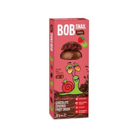 PRZEKĄSKA CHOCO JABŁKO - TRUSKAWKA W MLECZNEJ CZEKOLADZIE BIELGIJSKIEJ BEZ DODATKU CUKRU BEZGLUTENOWA 30 g - BOB SNAIL