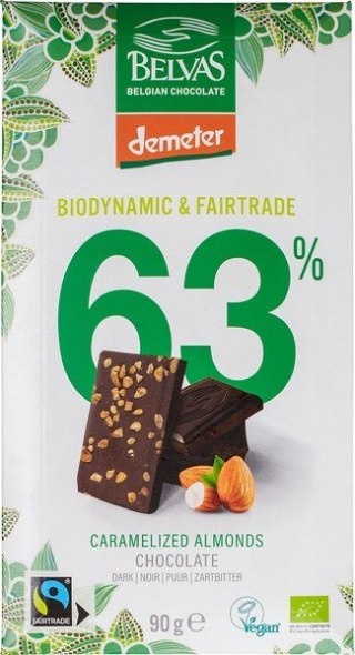 CZEKOLADA GORZKA 63 % Z KARMELIZOWANYMI MIGDAŁAMI FAIR TRADE DEMETER BIO 90 g - BELVAS