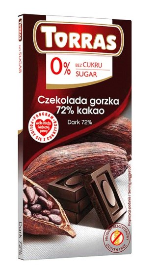 CZEKOLADA GORZKA 72 % BEZ CUKRU BEZGLUTENOWA 75 g - TORRAS