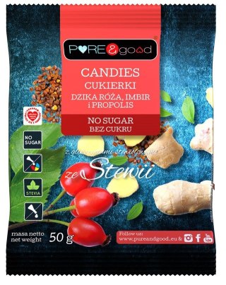 CUKIERKI Z DZIKĄ RÓŻĄ, IMBIREM I PROPOLISEM ZE STEWIĄ BEZ CUKRU 50 g - PURE&GOOD