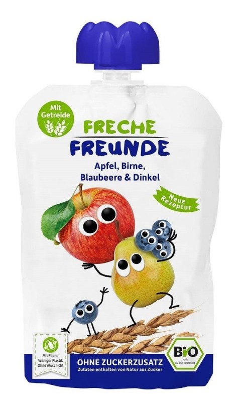 MUS JABŁKO - GRUSZKA - BORÓWKA - ORKISZ BEZ DODATKU CUKRÓW OD 6 MIESIĄCA BIO 100 g - FRECHE FREUNDE