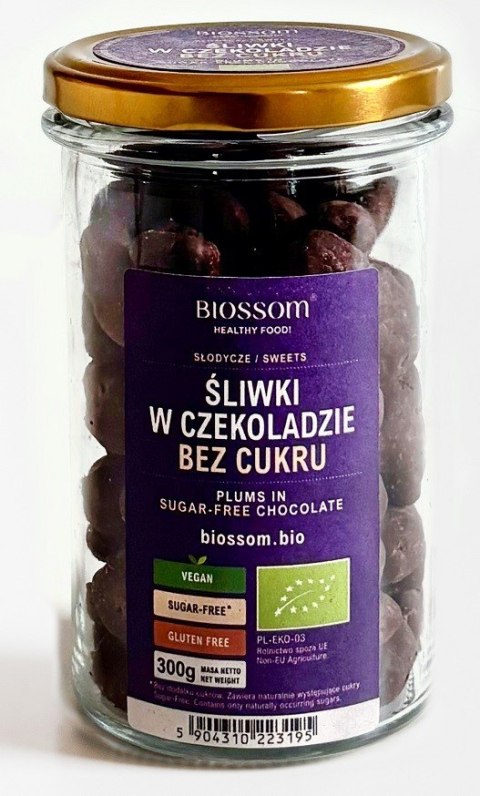 ŚLIWKI KALIFORNIJSKIE W CZEKOLADZIE BEZ DODATKU CUKRU BEZGLUTENOWE BIO 300 g - BIOSSOM